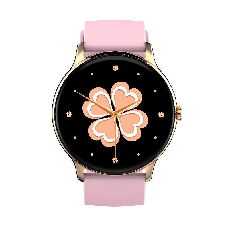 Smart watch with blood pressure monitoring on black silicone wristband showing touch screen display