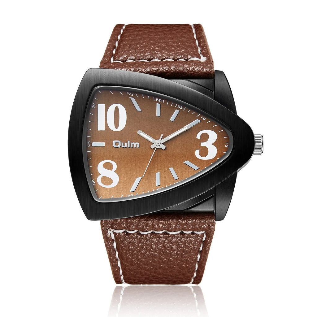 Men's casual watch with a triangular belt, slim case, on wrist showing brown, black, and blue colour variants.