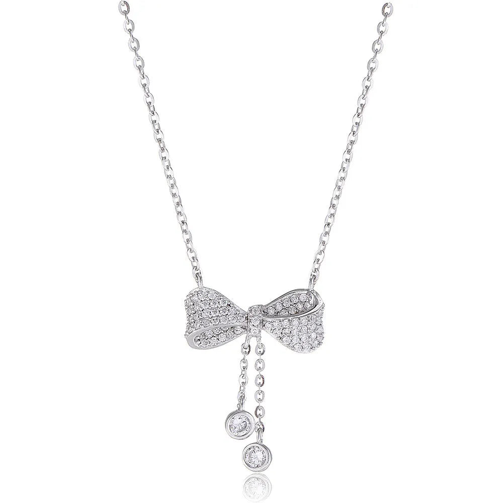 S925 sterling silver bow pendant necklace on adjustable O-ring chain