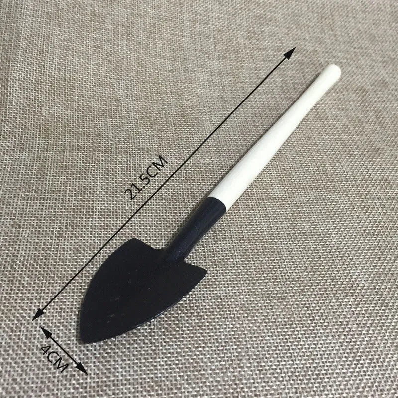 Succulent gardening tool set with plastic watering can, mini shovel, tweezers, and small brush arranged for indoor plant care