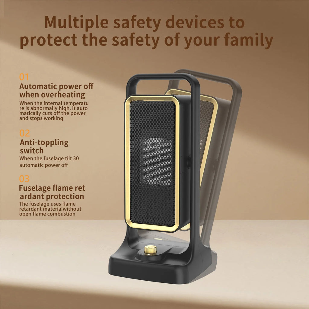 Black desktop PTC ceramic heater with control knob, compact design for room heating
