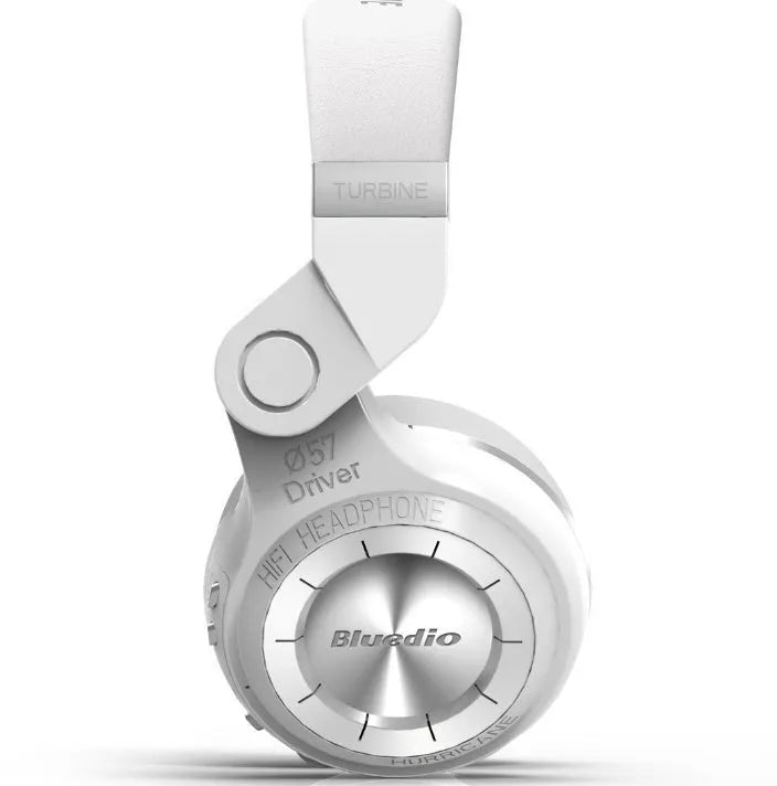 Blue String T2 Smart Edition 4.1 black and white over-ear Bluetooth headset shown in folded and unfolded positions with auxiliary cable.