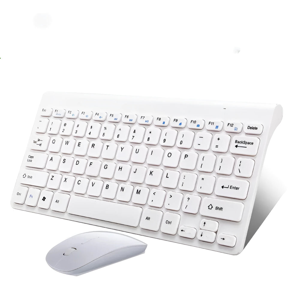 Black and white wireless keyboard and mouse set with 78-key compact layout and 4-button mouse