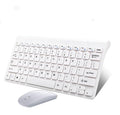 Black and white wireless keyboard and mouse set with 78-key compact layout and 4-button mouse
