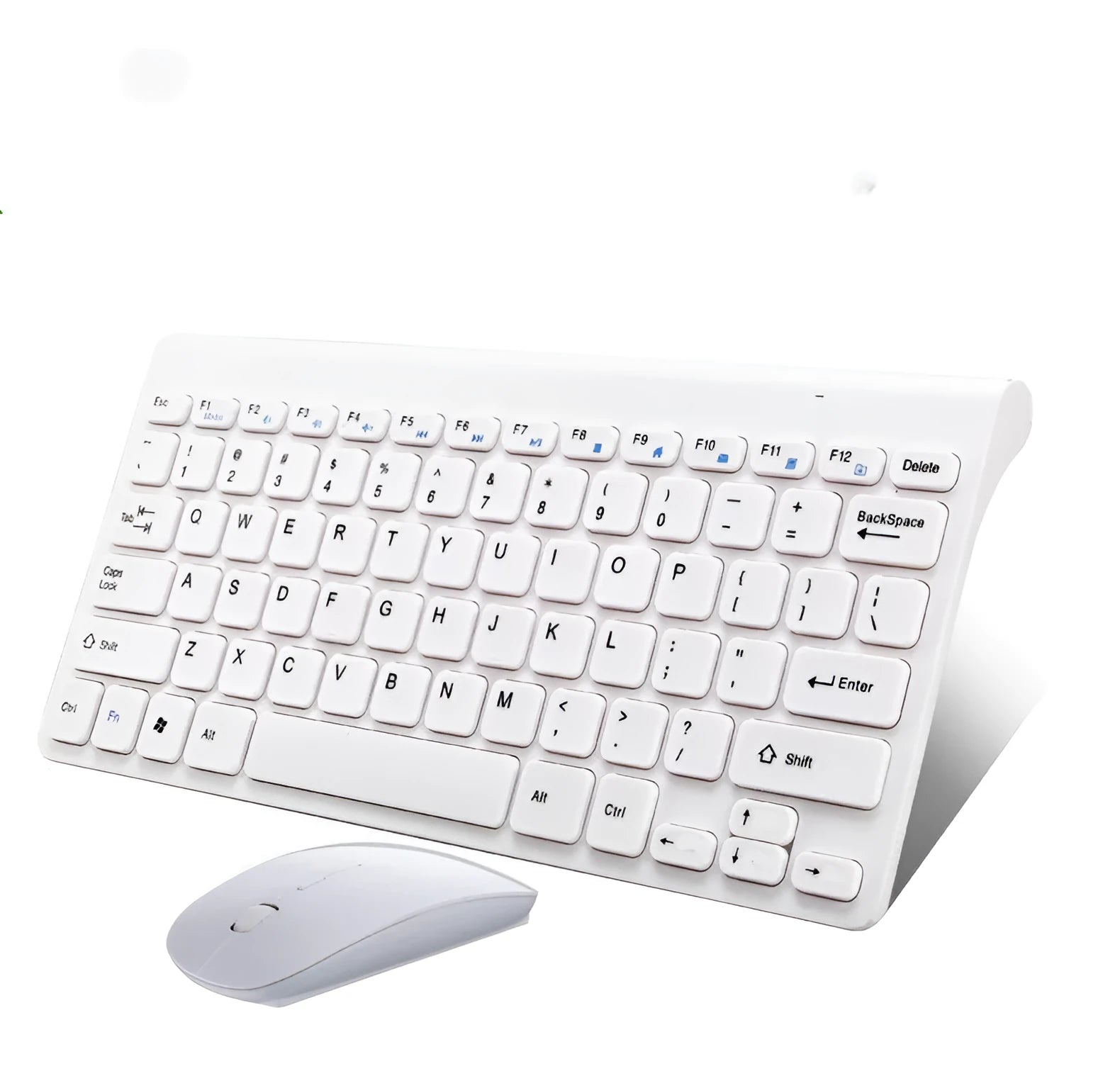 Black and white wireless keyboard and mouse set with 78-key compact layout and 4-button mouse