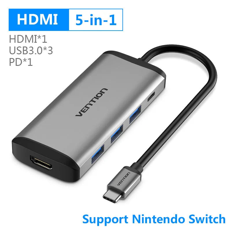 Deep grey USB-C multi-port hub with HDMI, USB, Ethernet, and memory card slots on a 0.15m cable.
