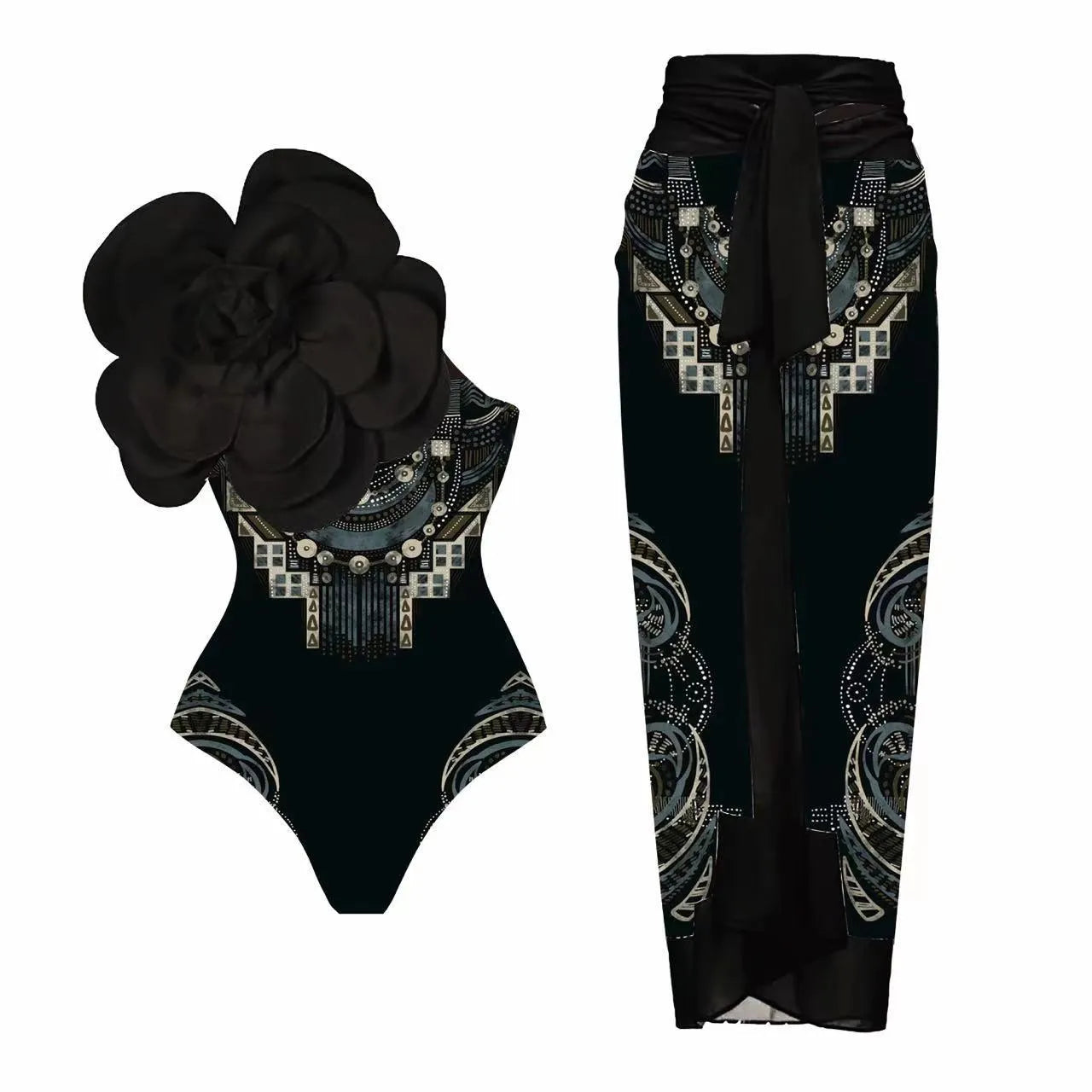 Women's floral one-piece swimsuit set with optional wrap skirt in polyester fabric