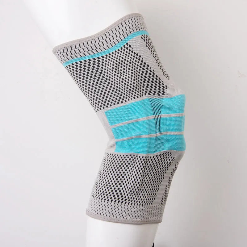 Sky blue silicone knee pads for sports, shown in S, M, L, XL sizes.
