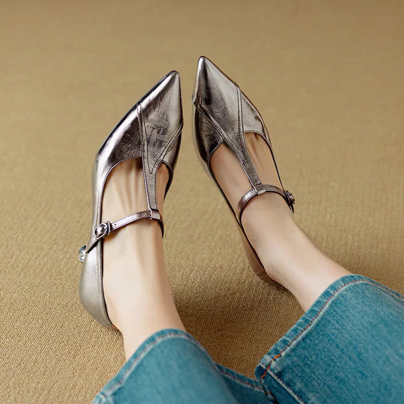 Women's gun colour chunky heel Mary Jane pumps with rounded toe made from sheepskin leather.