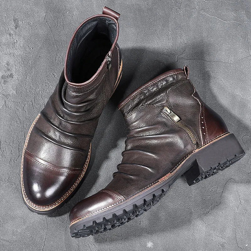 Men's black synthetic leather cowboy boots with a side zipper and a mid-height shaft on a white background.