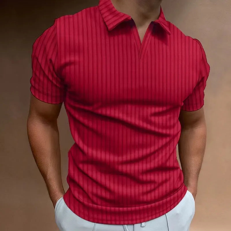 Men's striped V-neck polo shirt in cotton blend fabric for summer sports wear