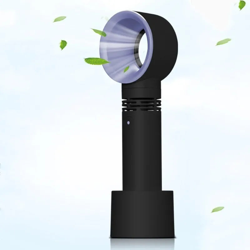 A portable bladeless desk fan with a modern design, shown on its base with a USB cable, available in multiple colours.
