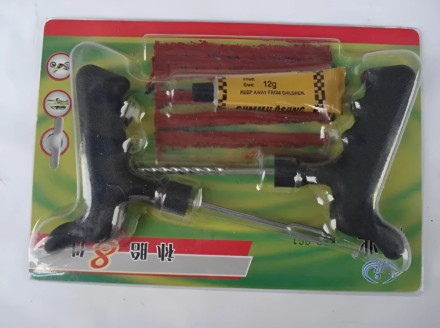Vacuum tyre repair tool set with tyre repair probe, rubber strips, and tyre glue for car and motorcycle puncture repairs
