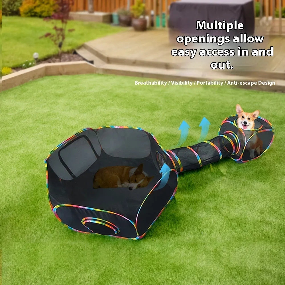 Foldable mesh cat cage pet toy shown in a hexagonal style variant.