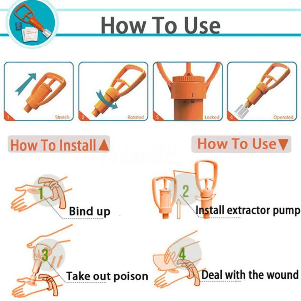 Orange portable venom extractor suction device first aid kit open to show pump, two suction cups, and accessories.