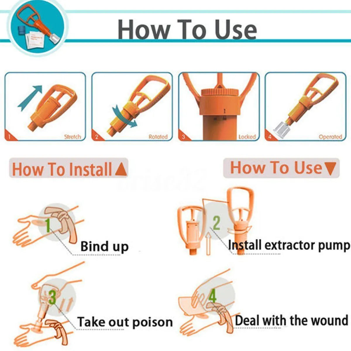 Orange portable venom extractor suction device first aid kit open to show pump, two suction cups, and accessories.