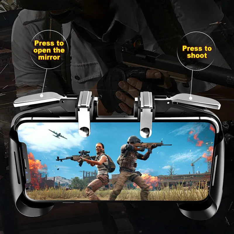 Adjustable Bluetooth mobile game controller handle holding a smartphone