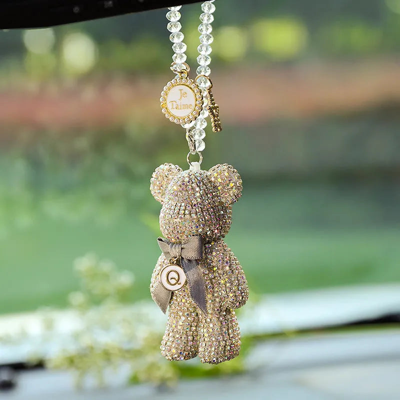 Diamond-embedded Violent Bear car rearview mirror pendant with artificial crystal rhinestones in 5x9cm size