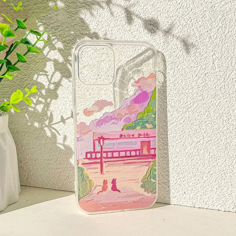 Soft Silicone iPhone case with a colourful cartoon design of two cats on the back.