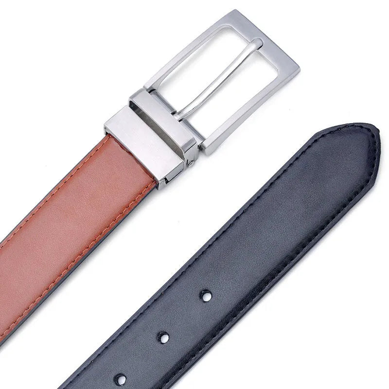 Men's brown and black genuine leather belt with rotating pin buckle showing 2-4cm width