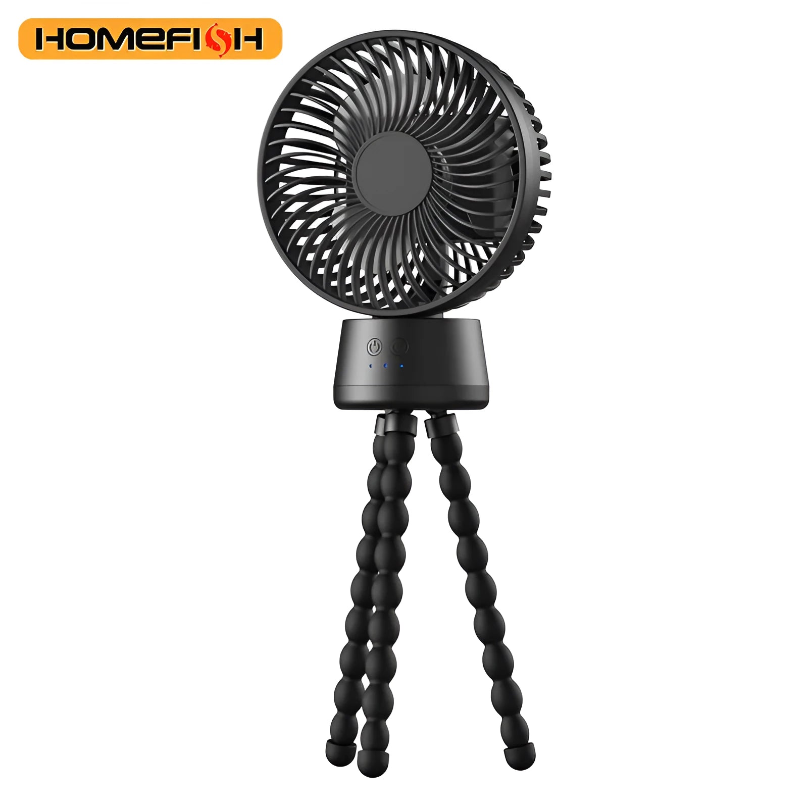 HOMEFISH F2 portable fan with automatic head shaking, LED light, and removable bracket on a white background.