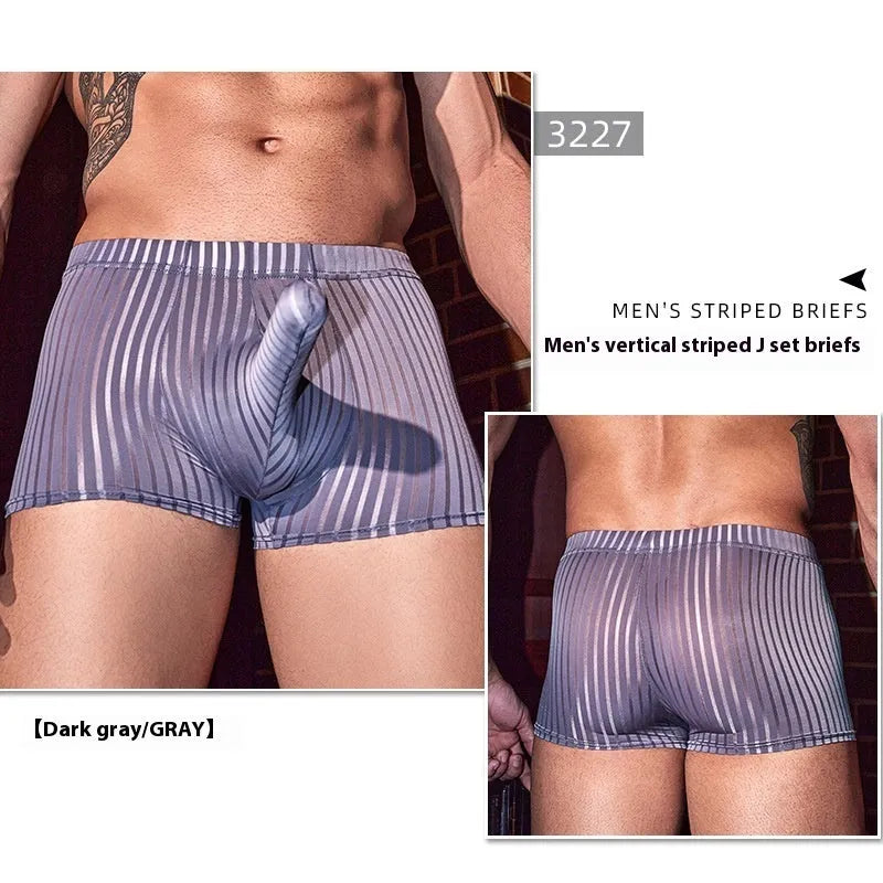 Men's black striped boxer briefs made from nylon fabric on a grey background.