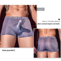 Men's black striped boxer briefs made from nylon fabric on a grey background.