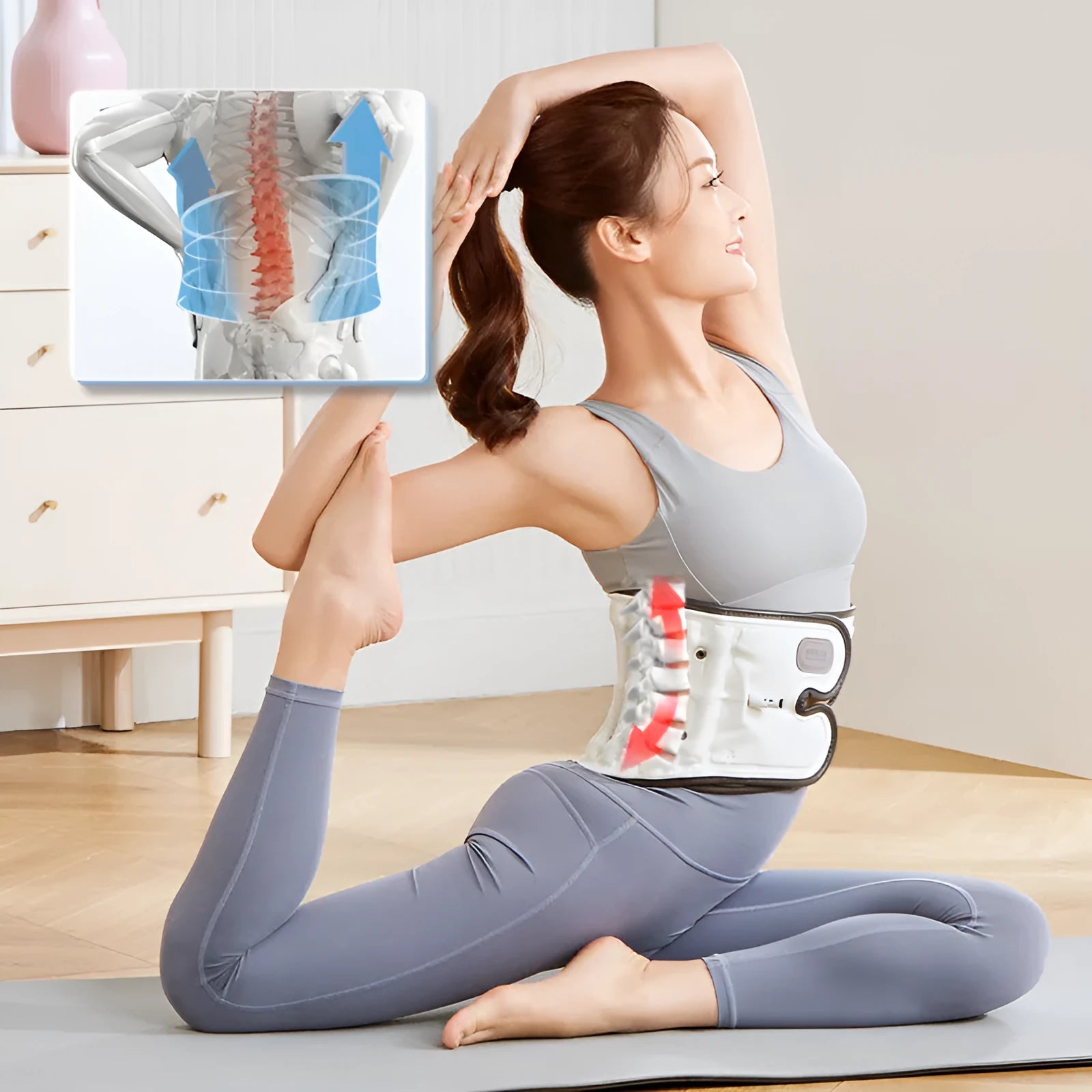 Automatic inflation waist support belt for lumbar disc correction, shown in S and M sizes.