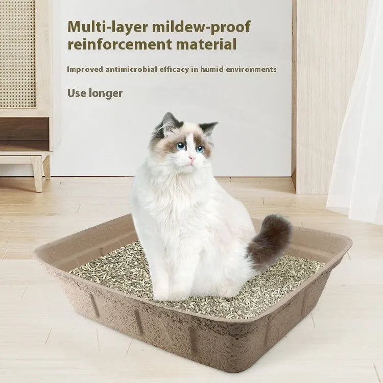 Brown disposable biodegradable cat litter box showing its three available size dimensions.