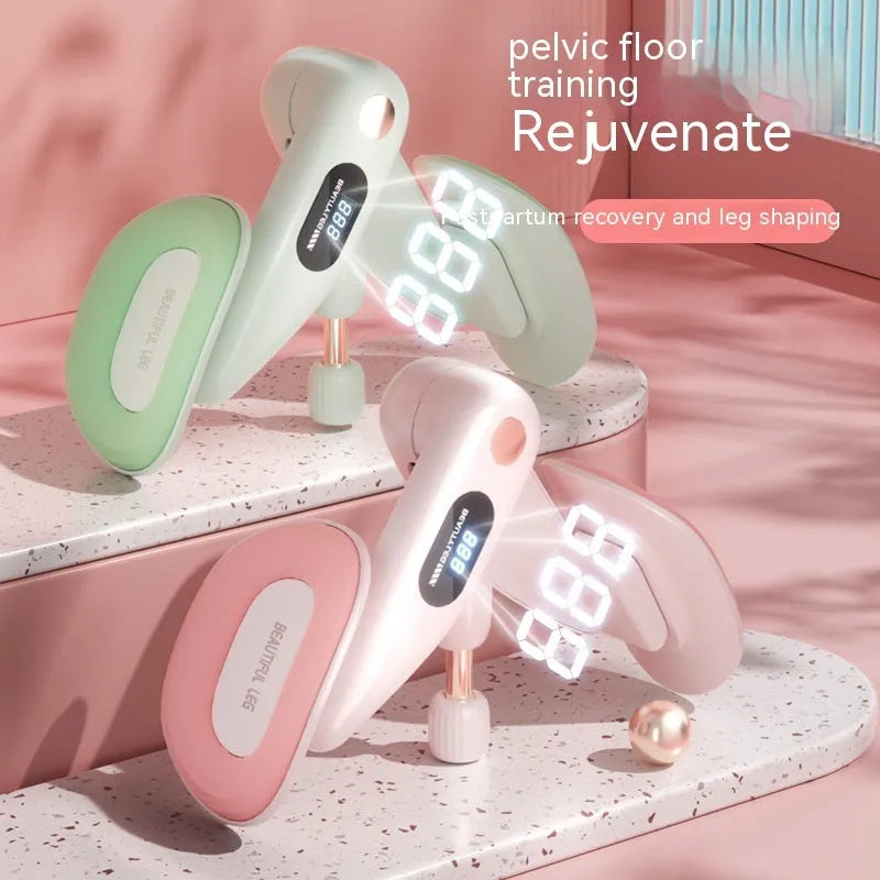 Pelvic floor muscle trainer repair device in blue, gray, green, or pink, made from ABS plastic and spring foam.