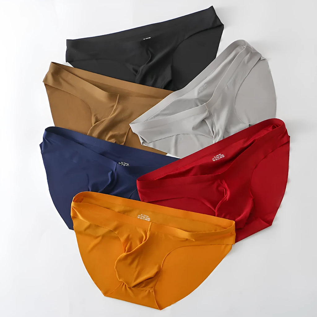 Ice silk seamless men's briefs in a dark colour showing mid waist fit and bullet separation pouch design.