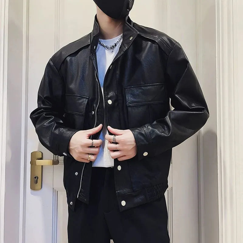 Men's black PU leather Korean-style biker jacket with straight hem and side pockets