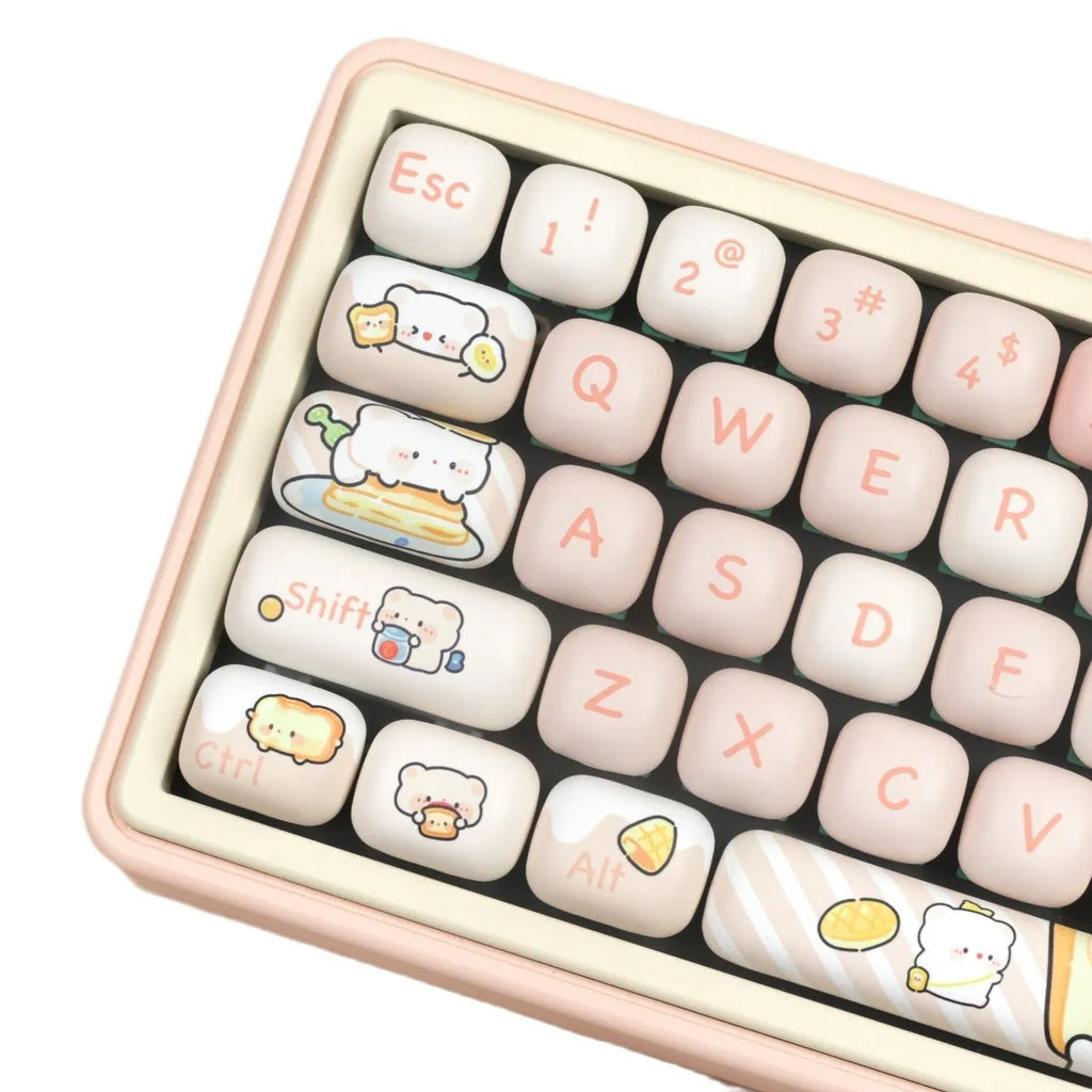 Full set of PBT sublimation keycaps with bear and steamed bread design for mechanical keyboards