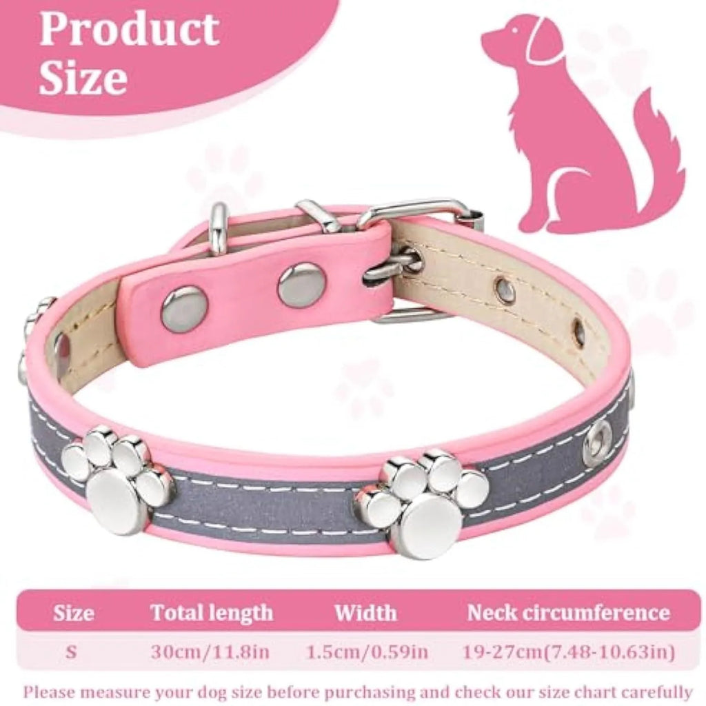 Reflective PU leather dog collar with metal paw rivets and an adjustable buckle on a grey background.