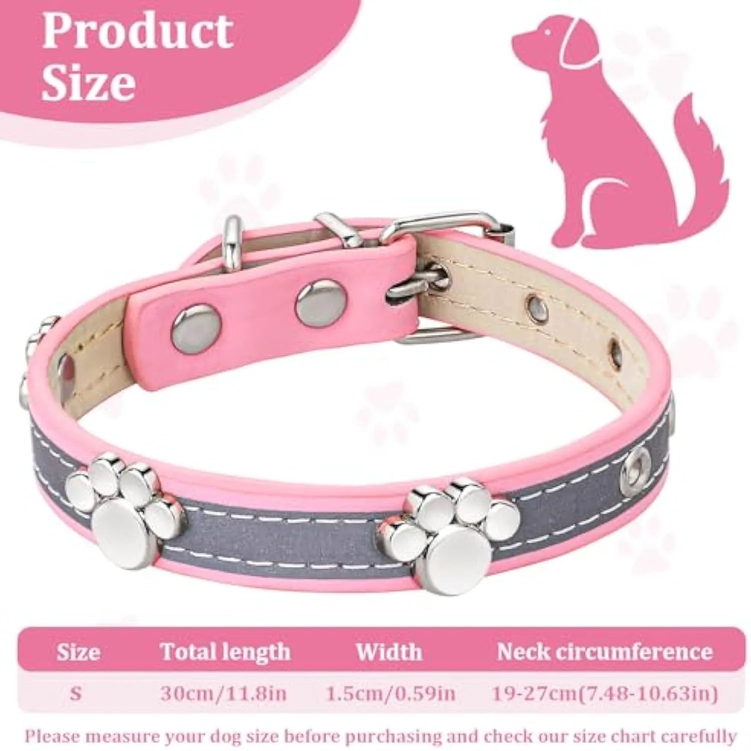 Reflective PU leather dog collar with metal paw rivets and an adjustable buckle on a grey background.