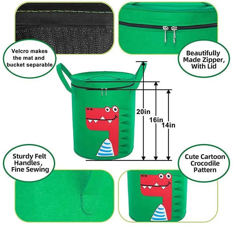 Green felt cube storage bag with pull rope serving as toy organiser and play mat