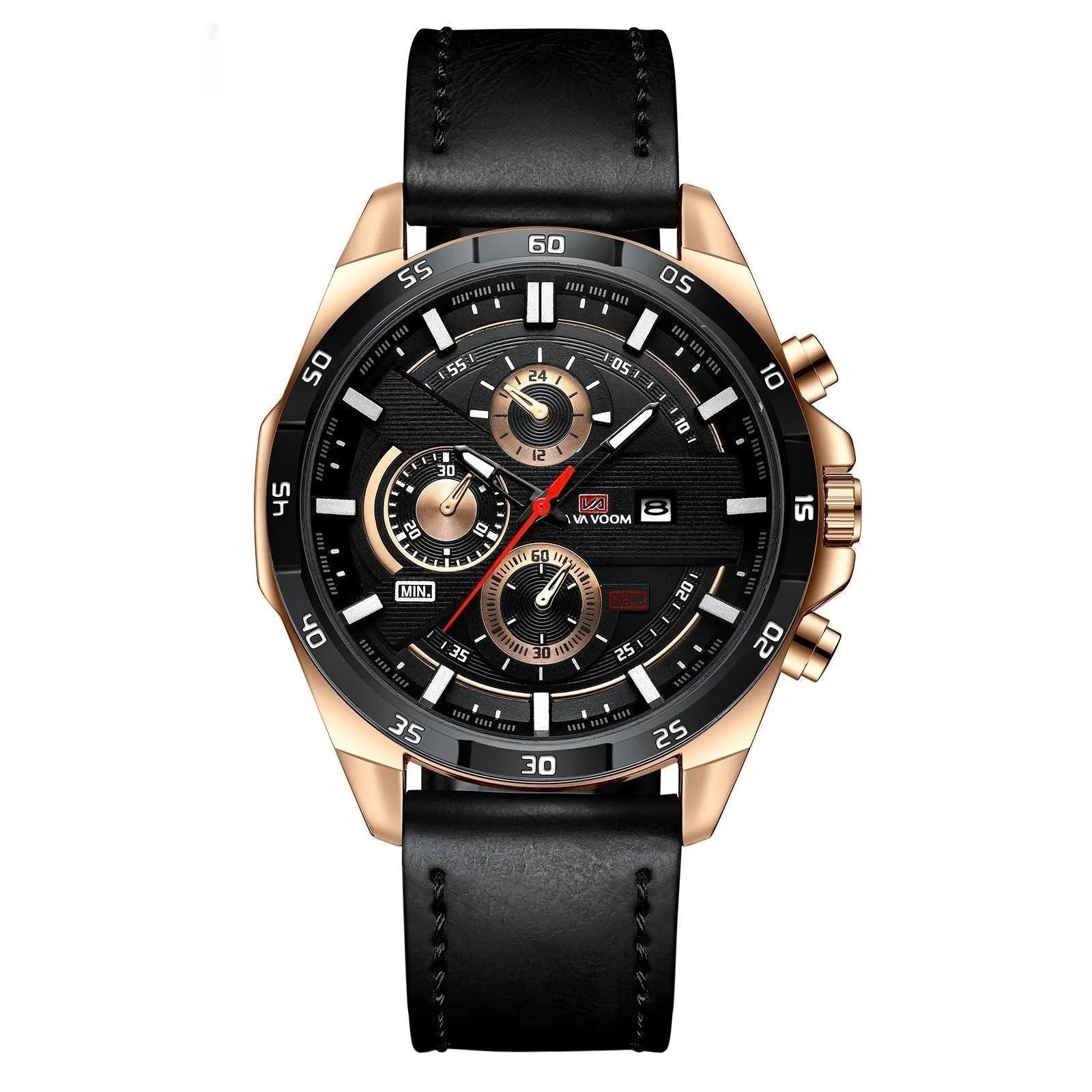 Men's waterproof quartz watch with calendar function in black and rose gold combination