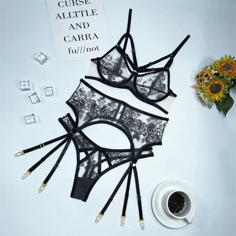 Black lace mesh three-piece women's set with floral print including top, trousers, and waist ring