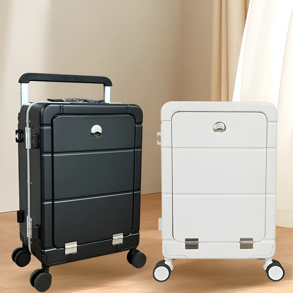 20-inch black cabin suitcase with a front-opening wet-dry compartment and four spinner wheels.
