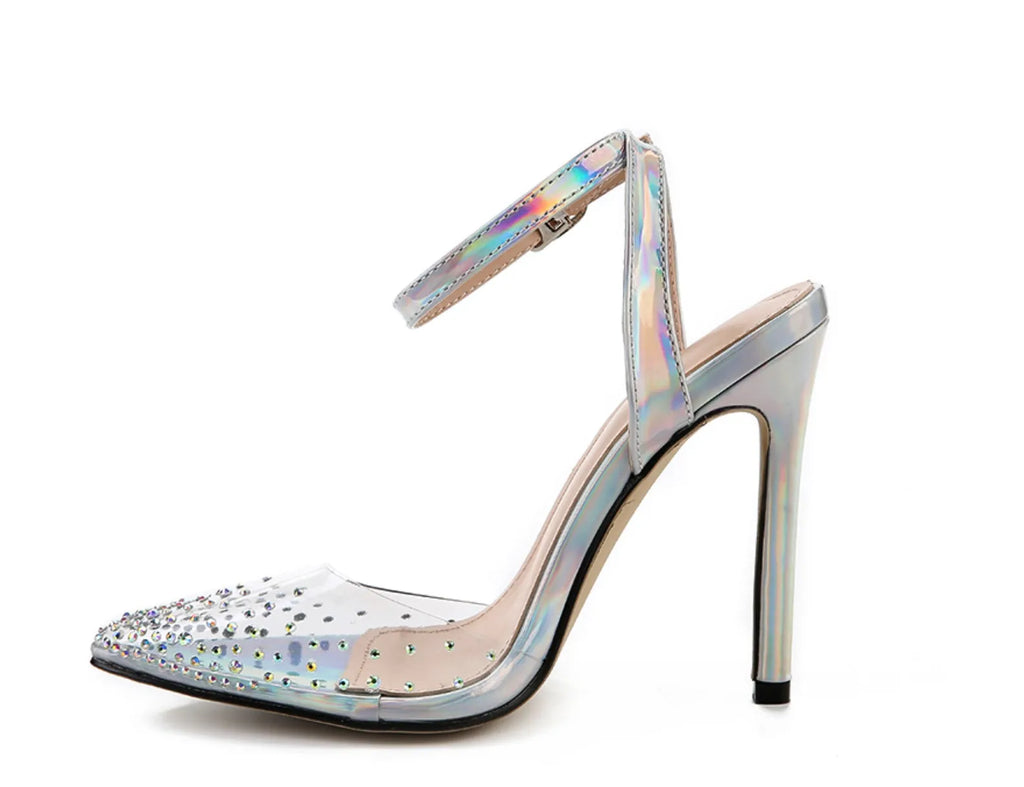 Women's pointed diamond sandals with stiletto heels and strappy PVC construction