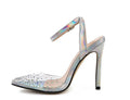Women's pointed diamond sandals with stiletto heels and strappy PVC construction