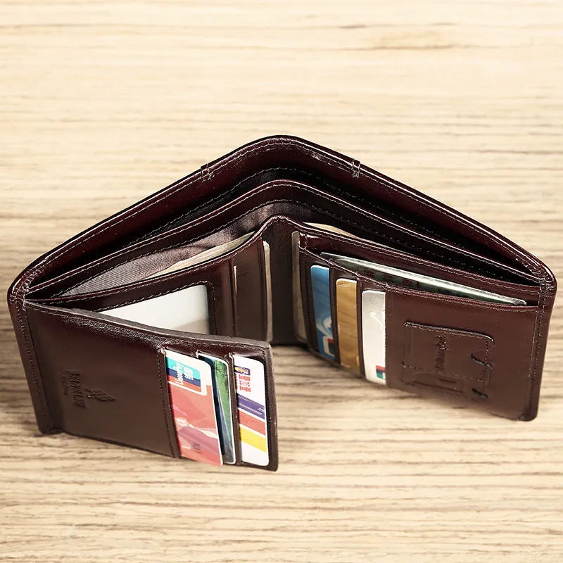 Men's leather wallet showing multiple internal compartments including card slots, coin pocket and photo window