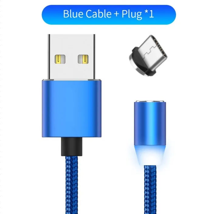 YBD black and red braided magnetic charging cable with Lightning, Micro USB, and Type-C connectors on a table.