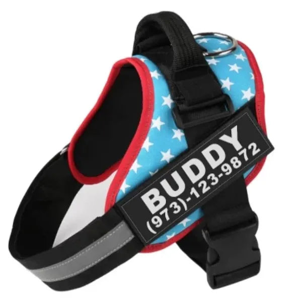 Adjustable reflective dog harness with handle and D-ring on blue background showing size chart