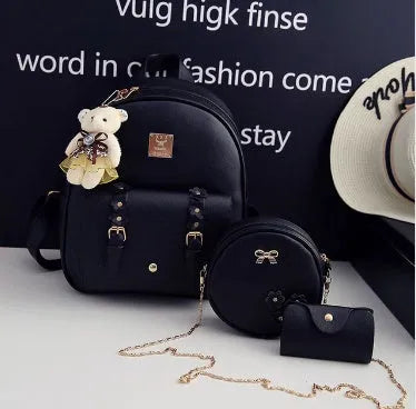 Women's three-piece floral PU leather backpack set with school backpack, shoulder bag, and card purse