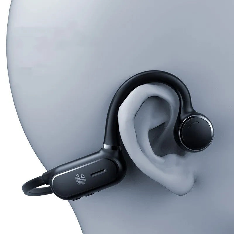 Black air conduction wireless earphones with a titanium alloy hook frame displayed on a white background.