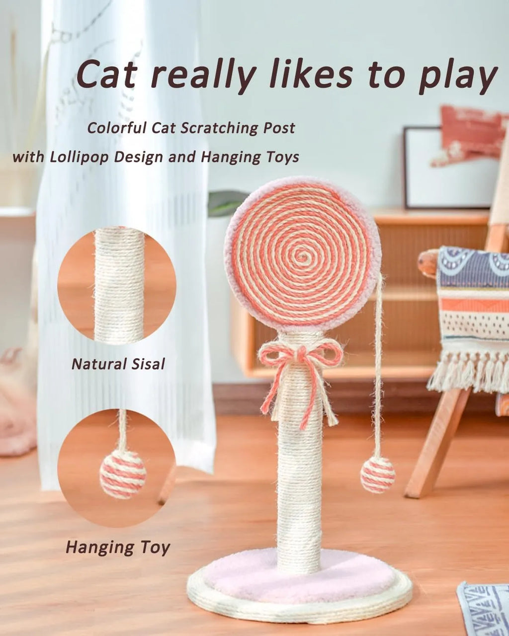 Blue cat scratching post with sisal surface and hanging ball on stable circular base
