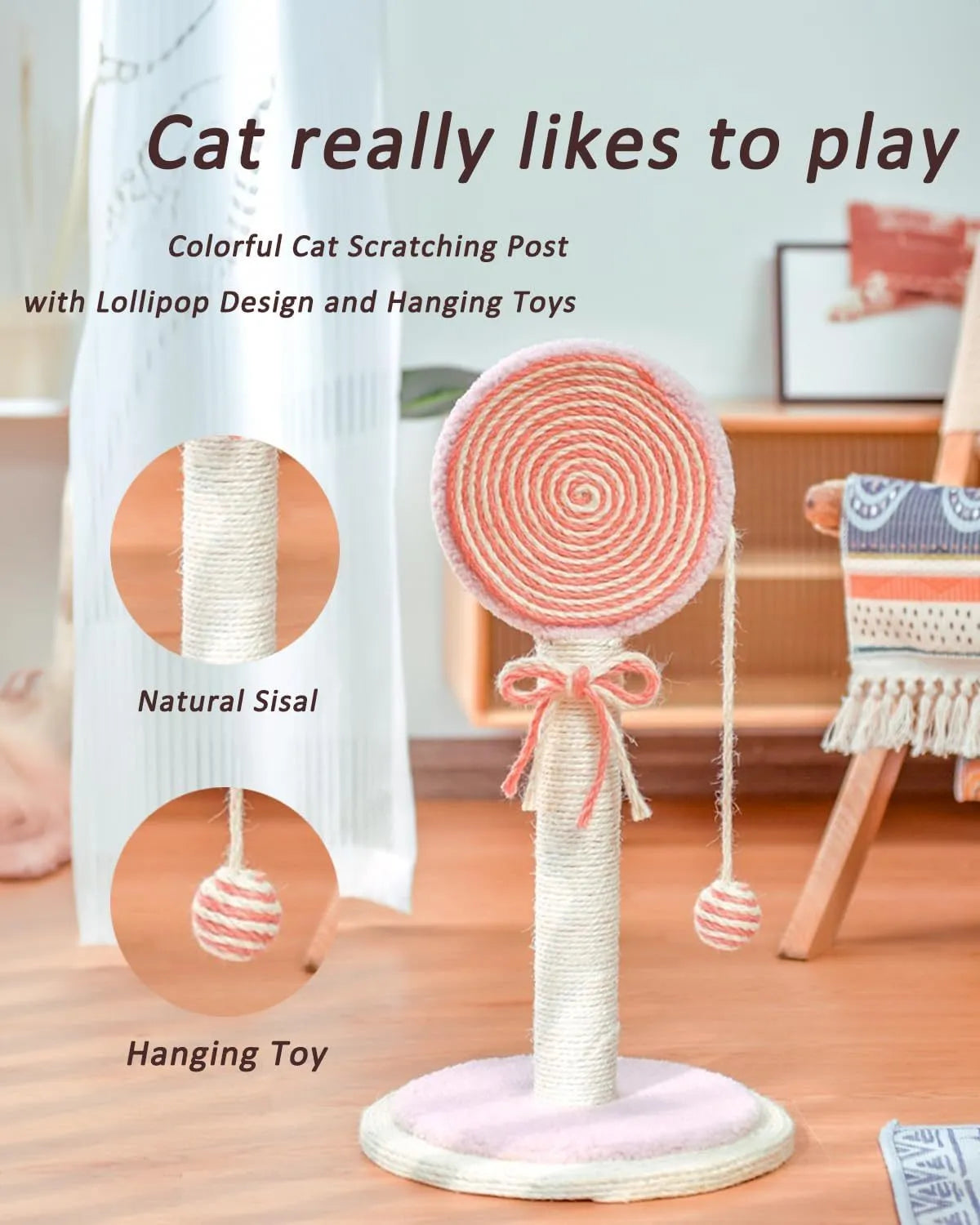 Blue cat scratching post with sisal surface and hanging ball on stable circular base