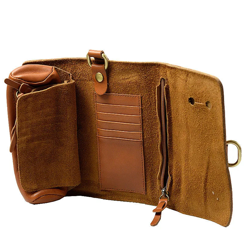 Handmade cow leather vintage bifold wallet in black or dark brown with tape extraction closure