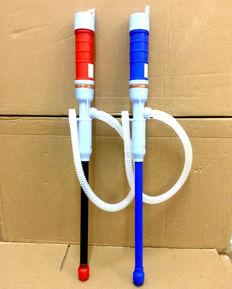 Blue and red manual hand pump for siphoning fuel and oil from containers